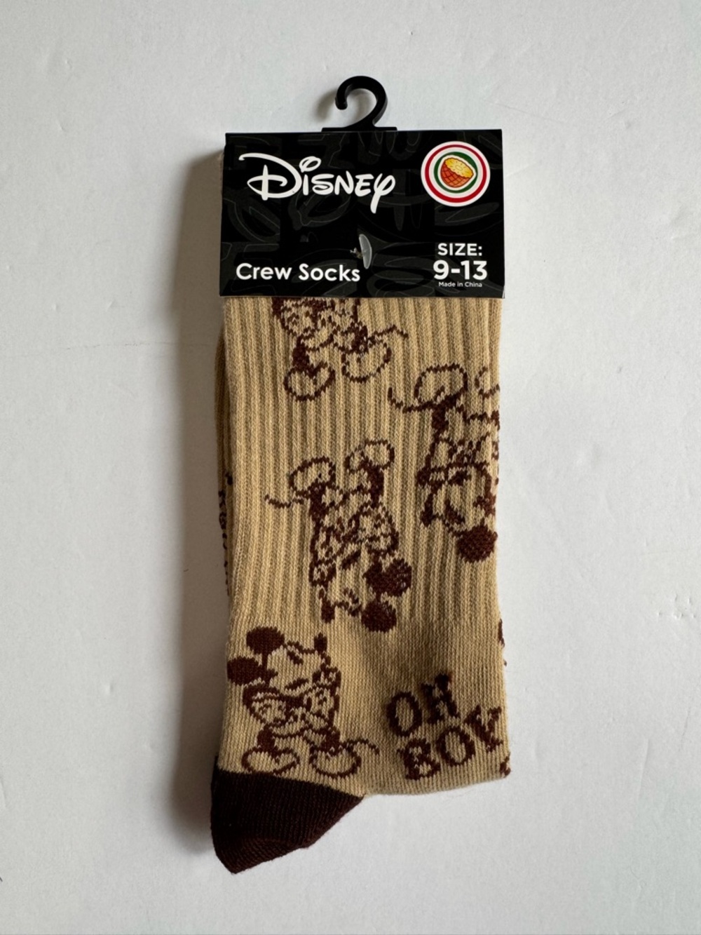 Disney Mickey Mouse Tan Brown Oh Boy Novelty Crew Socks 9-13 NWT